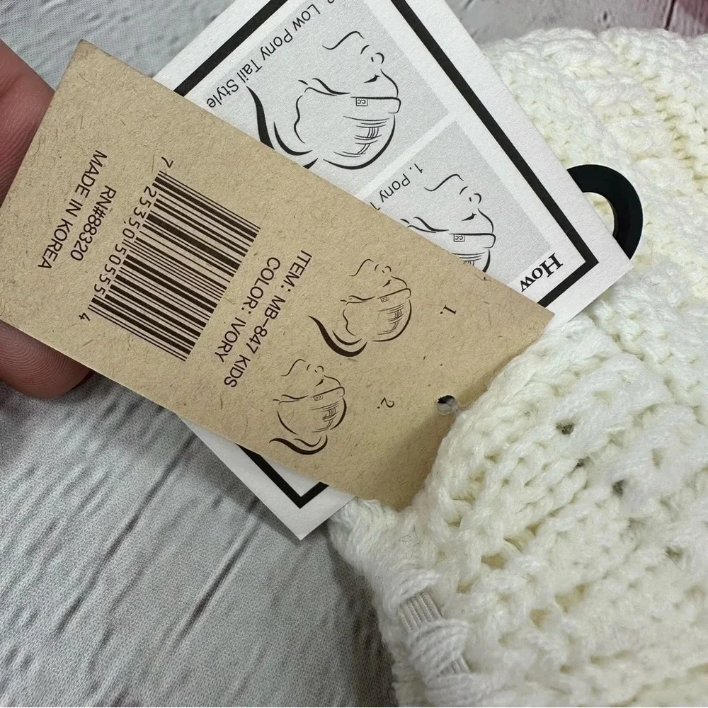 NWT Boutique C.C. crochet messy bun beanie tail kids ivory and new CD pink